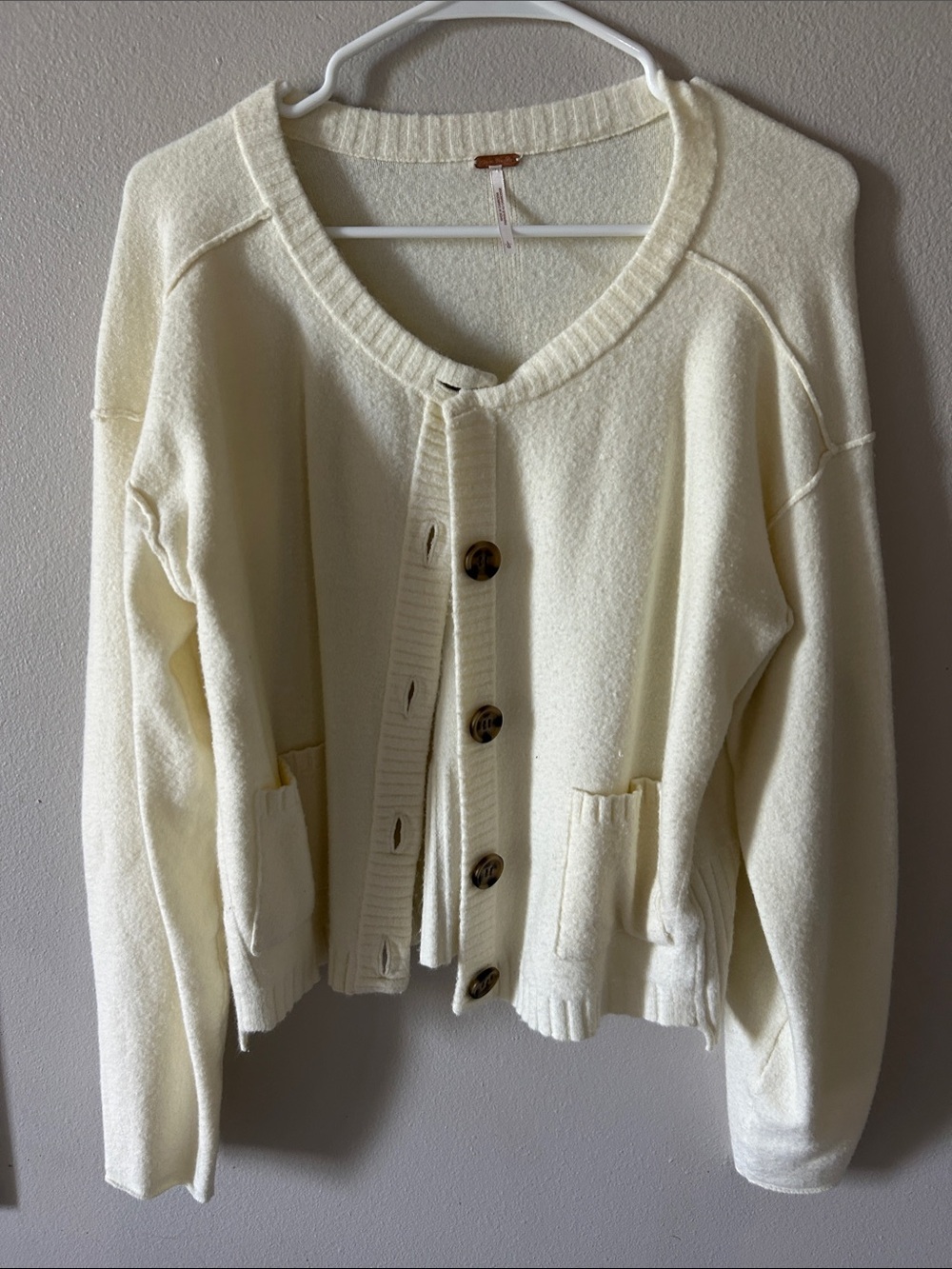 Free People Cream Button-Front Cardigan with Patch Pocketsy cashmere